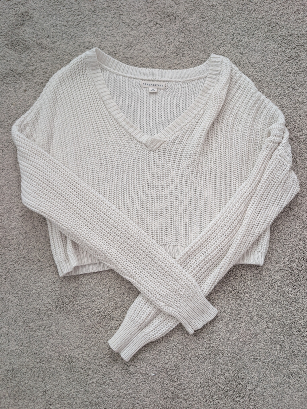 Aeropostale Cropped Cream V-Neck Knit Sweater